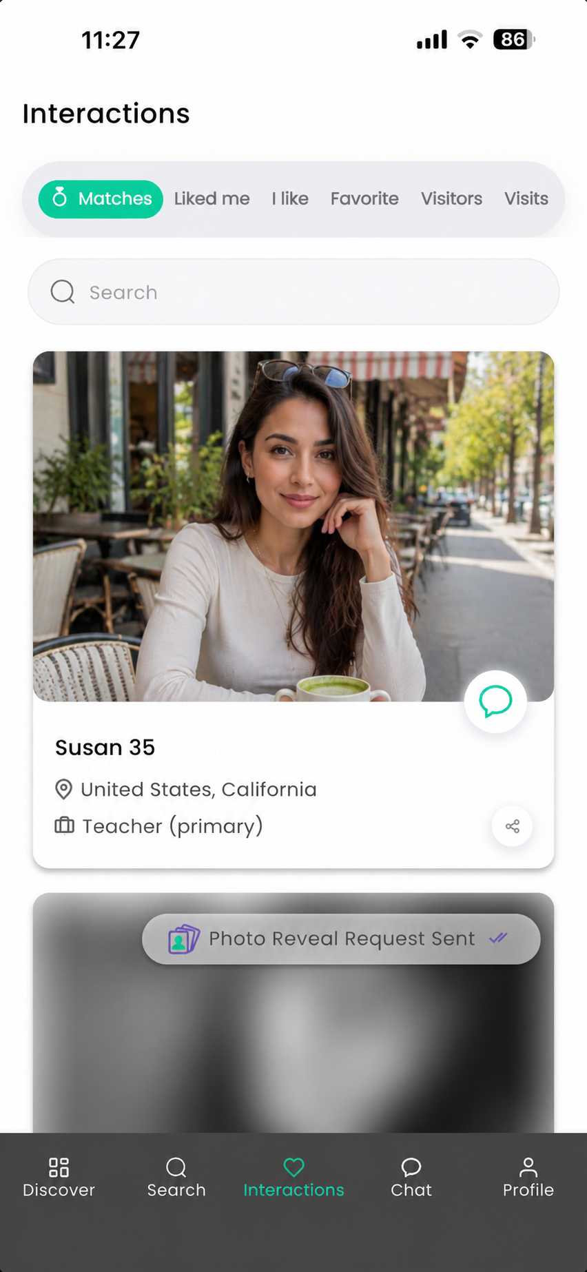 Interactions screen showing matches, likes, and visitors