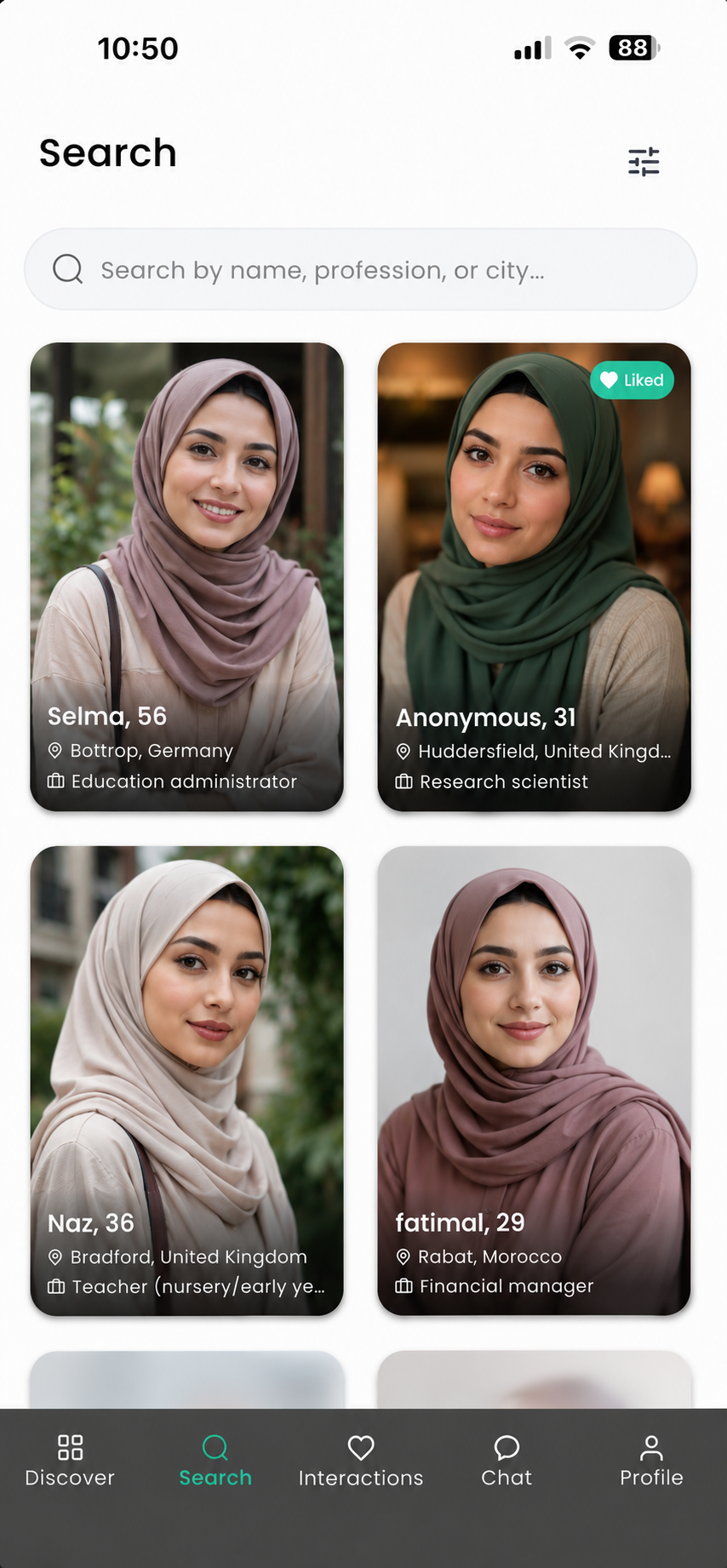 Search screen showing profile grid with filters
